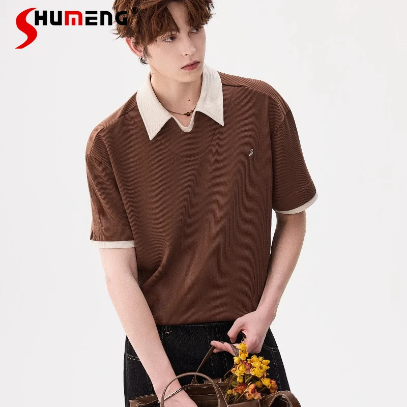 

Fashion Men's Summer 2026 New High-end Lapel Short-sleeve T-shirts Men's Loose Trendy Chic Tops Male Stylish Color Matching Tees