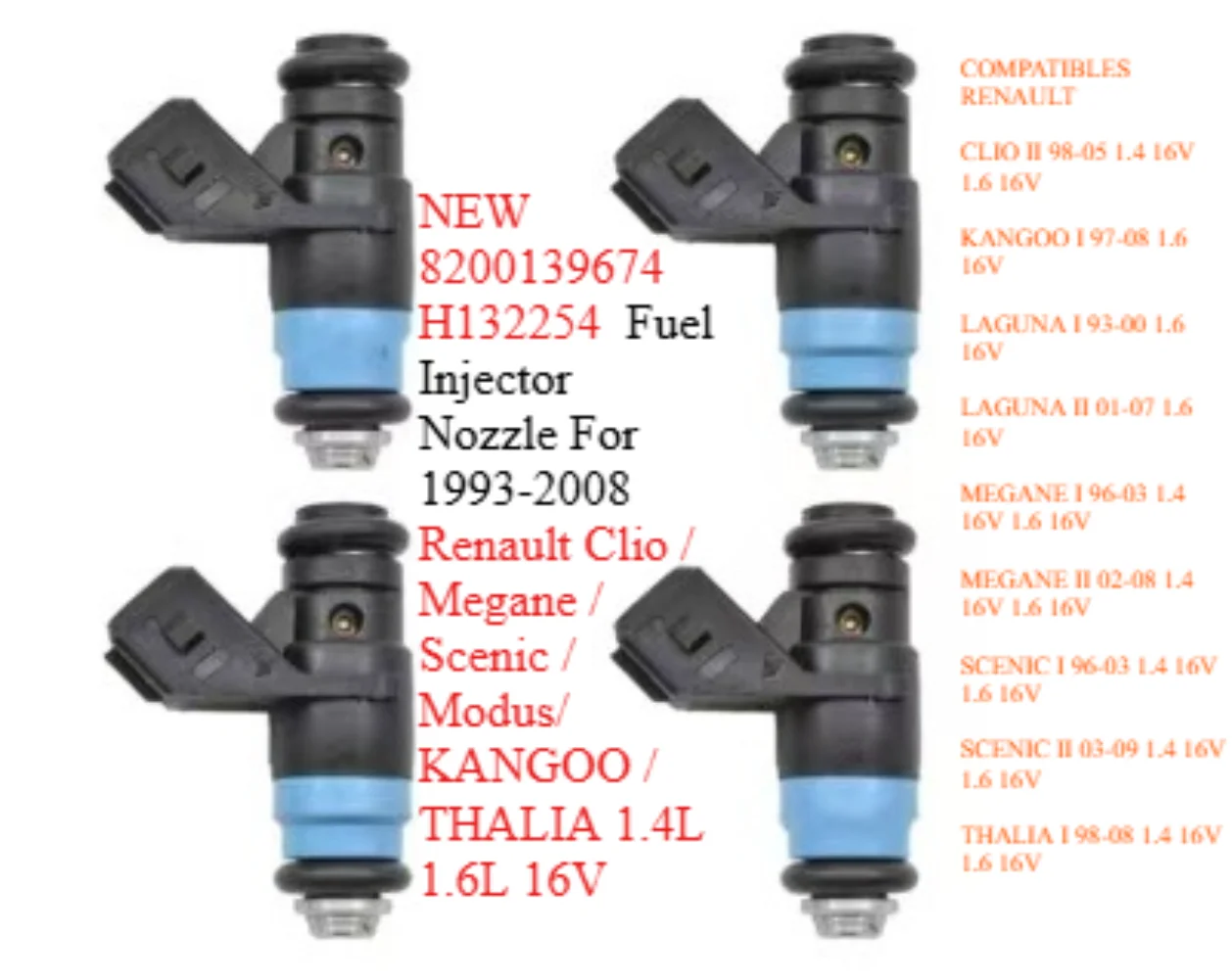 

NEW 8200139674 H132254 Fuel Injector Nozzle For 1993-2008 Renault Clio / Megane / Scenic / Modus/ KANGOO / THALIA 1.4L 1.6L 16V