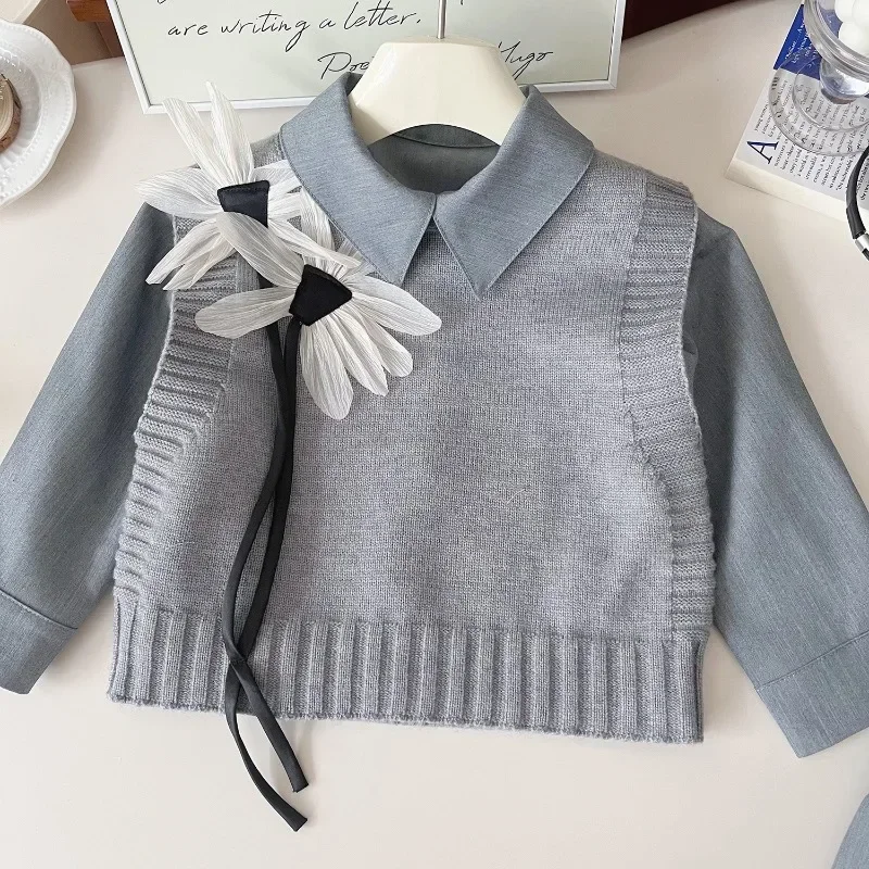 3Pcs Girls Clothing Sets Autumn Spring Knitted Sweater Vest+Shirts+Pleated Skirt Fashion Korean Children Princess Suits 2-7Yrs