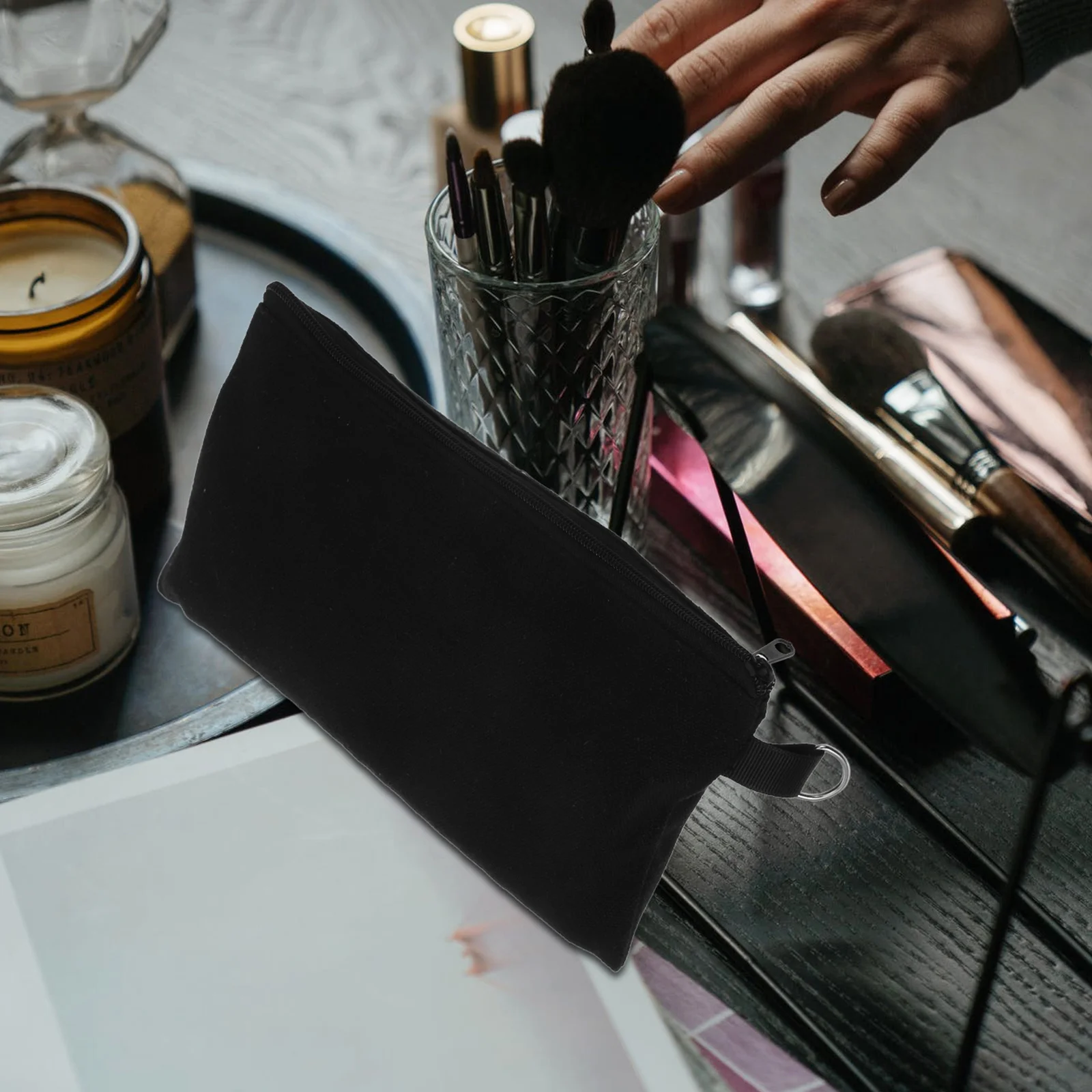 

5pcs Zipper Canvas Makeup Bag Black Travel Pouch Organizer For Women Toiletry Bags Large Capacity Portable Storage