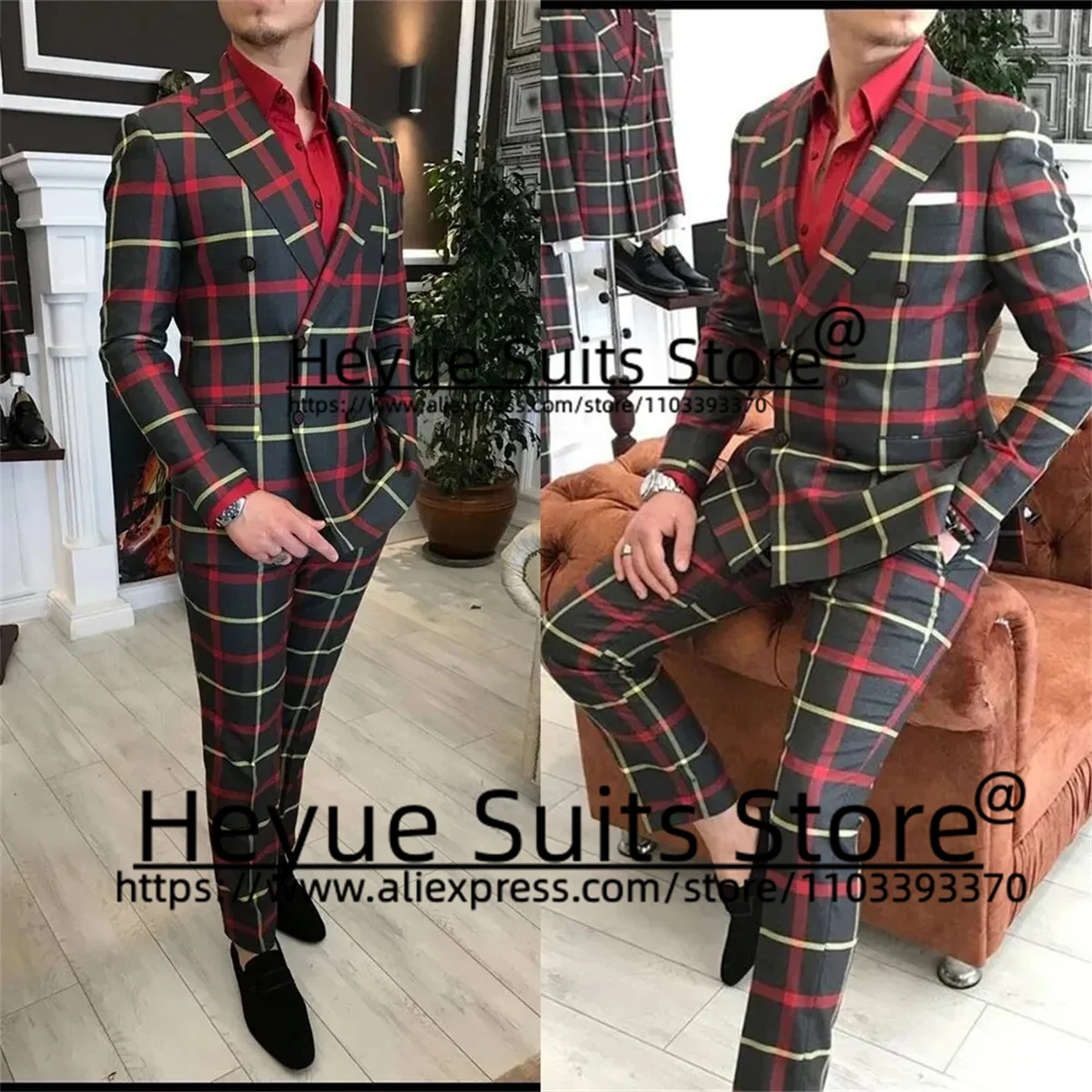 

British Fashion Plaid Men Suits Slim Fit Double-breasted Groom Formal Tuxedos Prom 2Pieces Sets Casual Male Blazer Costume Homme