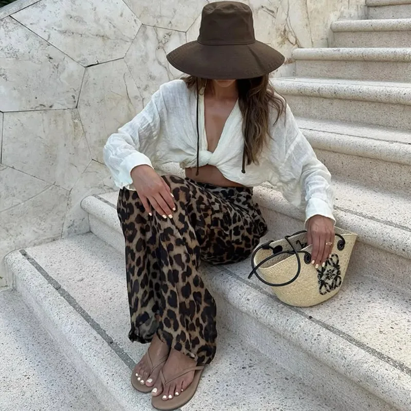 2025 Spring and Summer New Women's Vacation Chiffon Leopard Pattern Elastic Waist Pocket Loose Work Pants