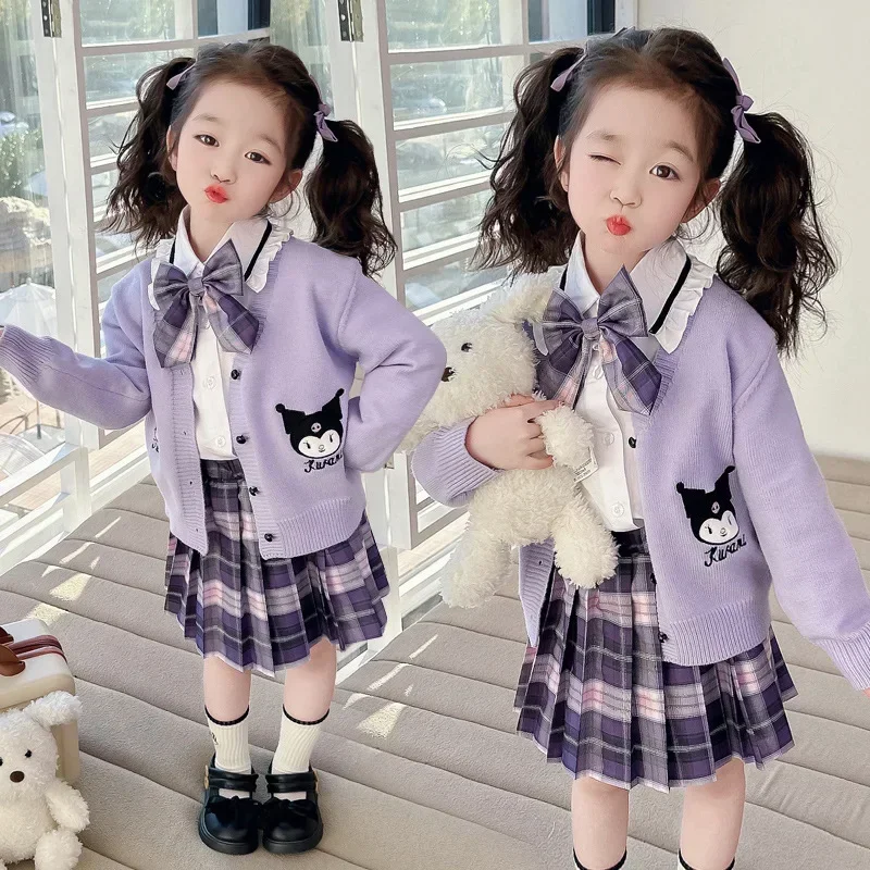 Anime Sanrio Kuromi Girl JK Suit Autumn College Style Three-piece Set Cute Children Uniform Pleated Skirt Sweater Halloween Gift