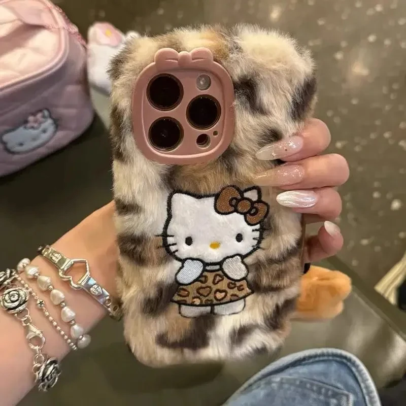 Cartoon Cute Animation Sanrio Color Leopard Hello Kitty Plush Phone CaseFor iPhone 12 13 14 15 16 Pro Max Case Plush Winter