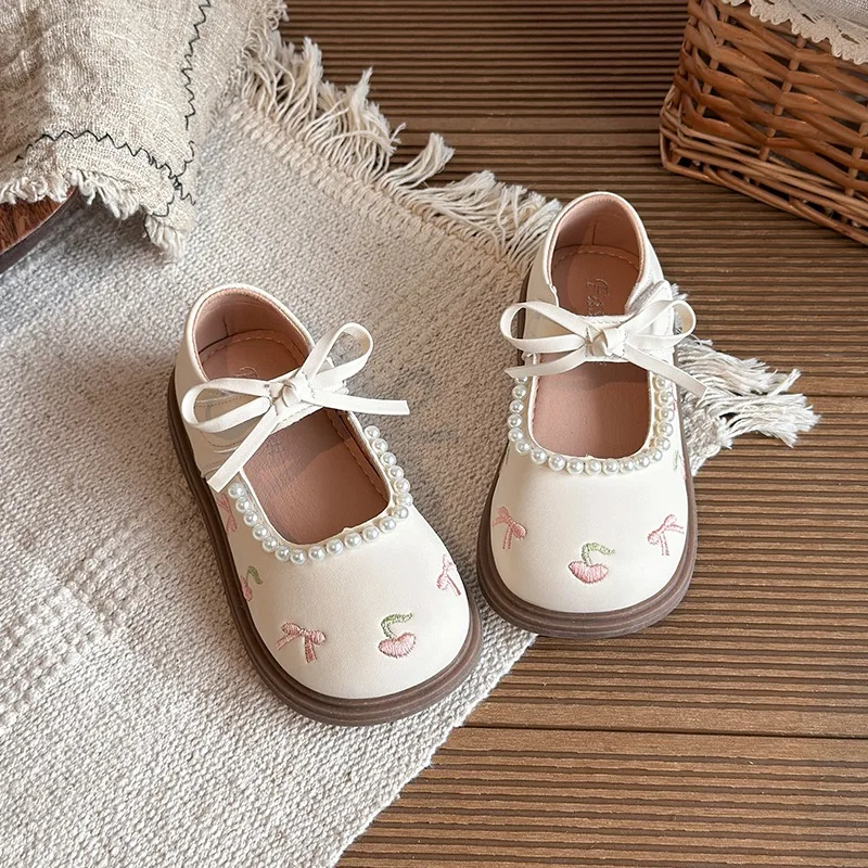 Spring Autumn Girls Princess Shoes Bow Cherry Pearl Cute Girls Flat Shoes Solid Colors Anti Slip Fashion Daily Children Shoes
