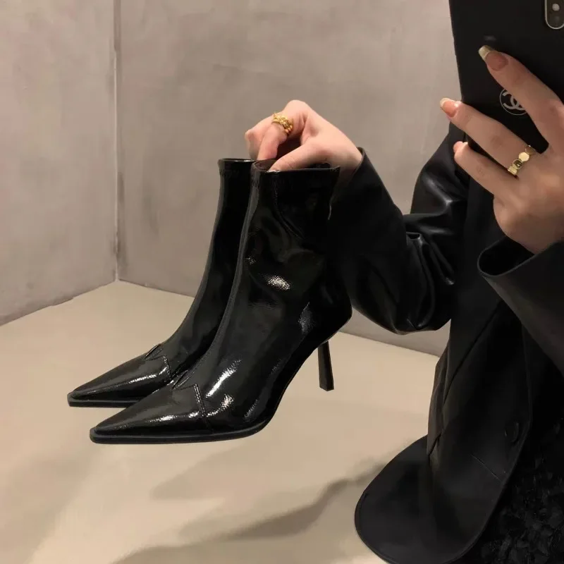 Boots Women New 2023 Zipper Pointe Shoes Winter Footwear Pointy Autumn Ladies High Heel Ankle Rubber Leather Microfiber Solid R