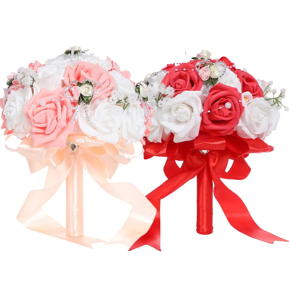 1-個の花嫁のウェディングブーケピンク-pe-人工ハンドブーケリアルなブライダルフラワー装飾結婚式用品花嫁のための