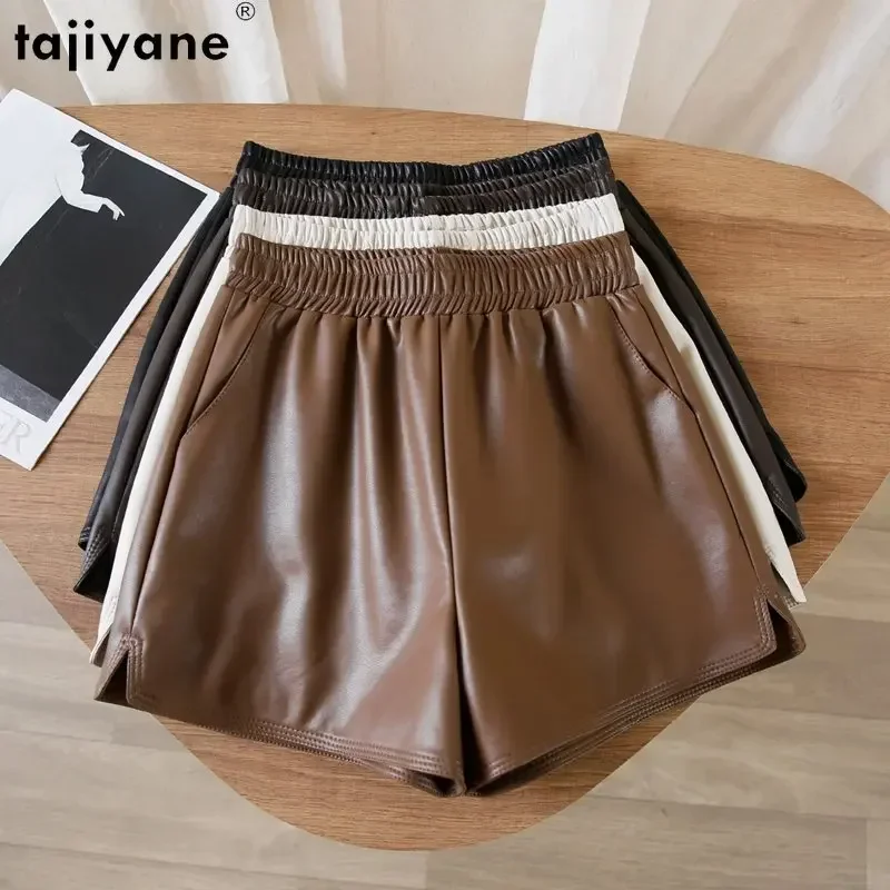 Takiyane – Short en cuir de mouton 2023 véritable pour femme, pantalon à jambes larges, taille haute, noir, Ropa Mujer