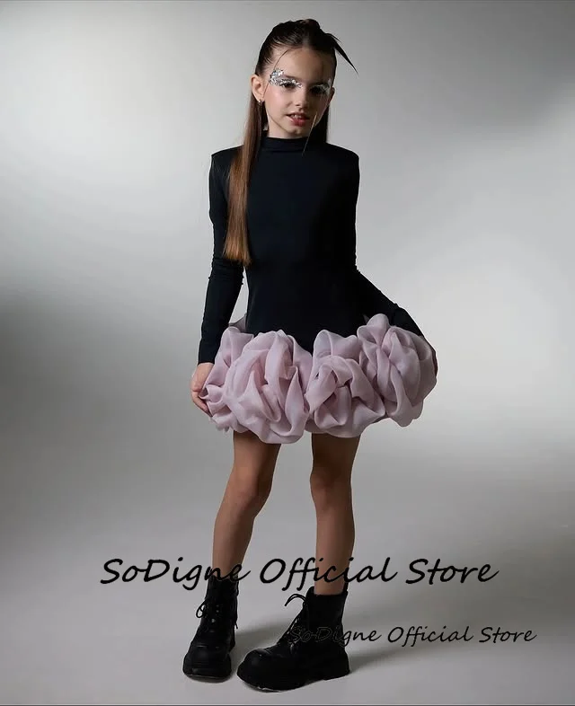 Gaun Pesta Anak Perempuan SoDigne 3D Flower Satin, Model Pendek, Lengan Panjang, Kerah Tinggi, Gaya Putri, Rok Anak, Gaun Pesta 2026, Gaun Anak yang Dapat Disesuaikan