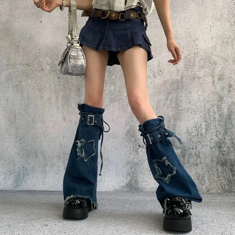 Denim Leg Warmers Y2K Blue Vintage Edge Grunge Punk Lace Up Socks Women's Autumn Socks Cover Accessories