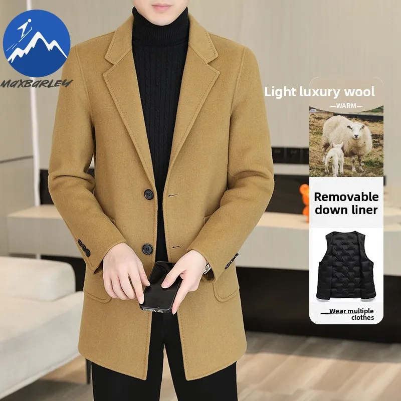 Maxbarley Woolen Coat Classics Suit Collar Working Windproof Wool Jacket Mens Casual Detachable Down Lining Fashion TrenchCoat