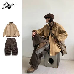 Cargo Vintage Sets Men Women Embroidered Stand-up Collar Casual Jackets+Autumn Wide-leg Straight-leg Loose Pants Two-piece Suit