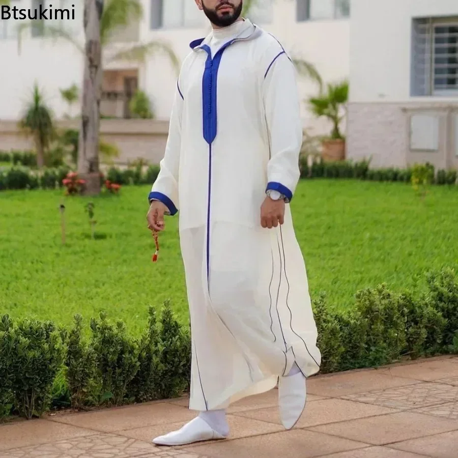 Baru 2025 Muslim Jubba Thobe pakaian Hoodie pria jubah Ramadan Kaftan Abaya Dubai Turki pakaian Islami pria kasual longgar jubah