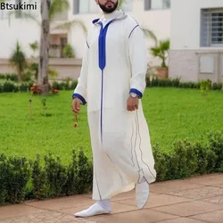 Novo 2025 muçulmano jubba thobe roupas dos homens com capuz ramadan robe kaftan abaya dubai turquia roupas islâmicas masculino casual solto robe