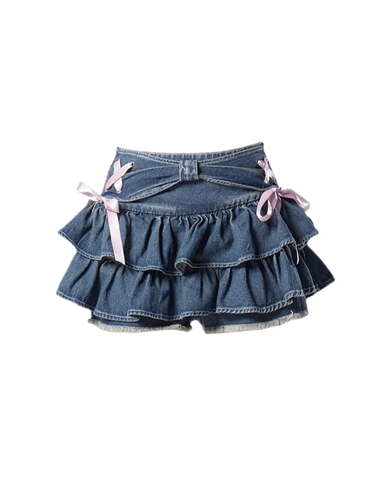 

Y2k Fashion Blue High Waist Bow Elastic Waist Mini Skirt Summer Women Ruffle Sexy Gyaru Ball Gown Tierred Fashion Coquette Tide