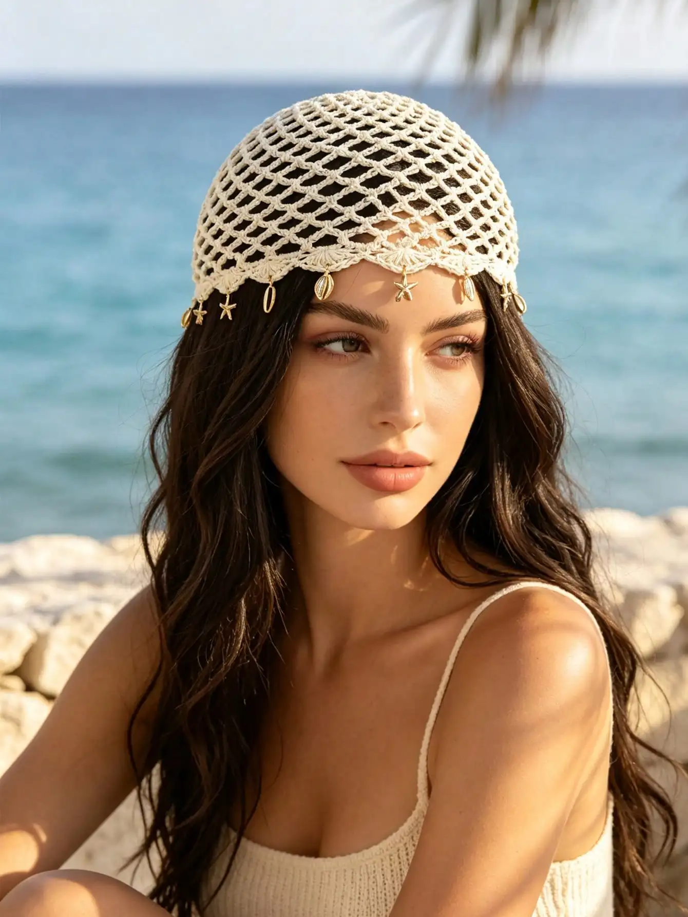 Women's Bohemian Style Crochet Star Shell Hollow Knit Mesh Hair Cap Suitable For Daily Wear Beach Vacation Headscarf Accessory