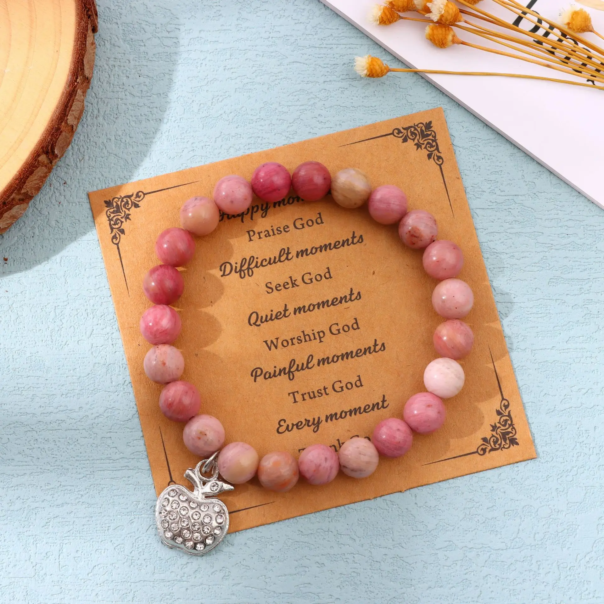 Cross-border 8mm natural stone powder zebra beaded bracelet with diamond apple accessories elastic rope bracelet wholesale anti-