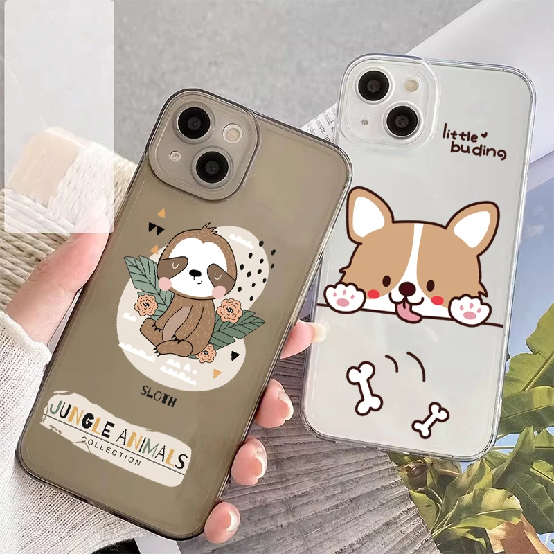

Cute Healing Dog For Apple iPhone 16 11 13 15 14 Pro Max 12 Mini 7 8 Plus XR X XS Transparent Black Open Soft Phone Case