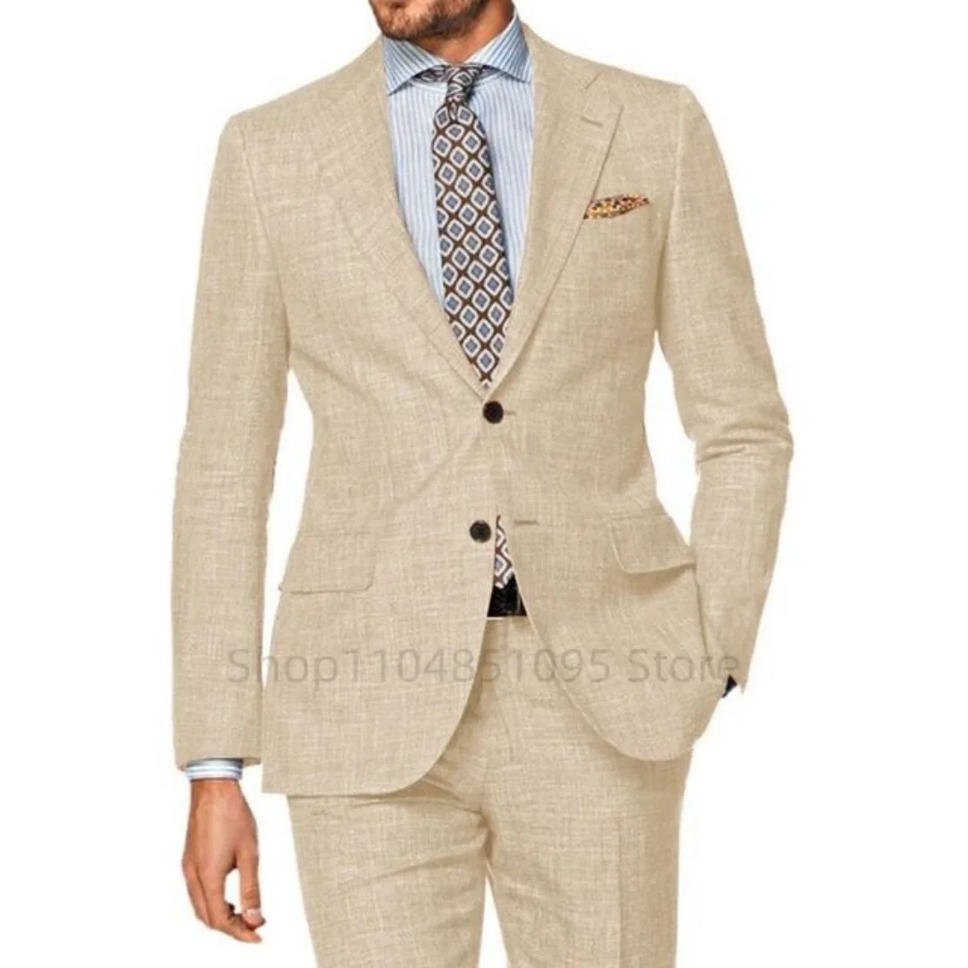 

Linen 2 Piece Beige/Blue Men Suits Notch Lapel Two Buttons Jacket Pants Slim Fit Groom Tuxedos Sets Wedding Party Costume Homme