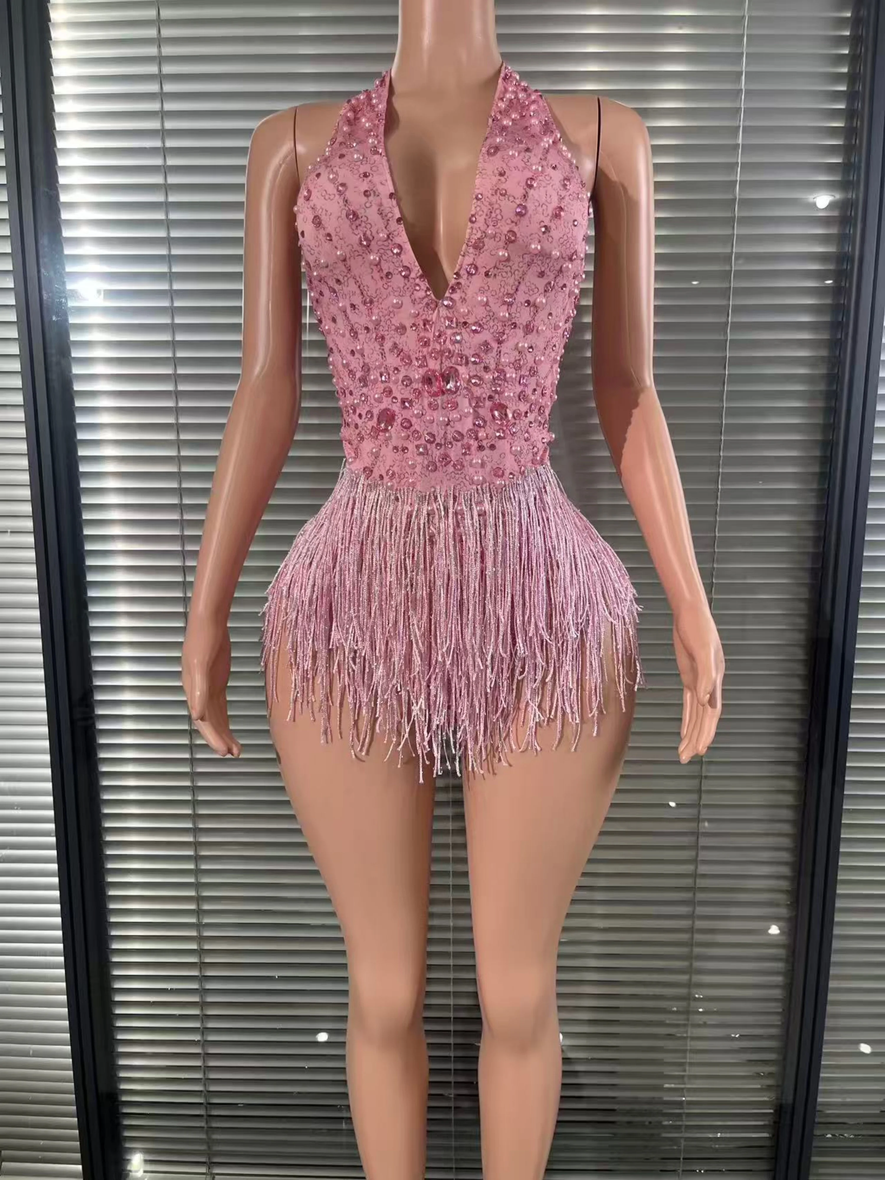 

Sexy Rhinestone Fringe Halter Pink Bodysuit Women Party Club Dance Bar Nightclub Ds Dj Gogo Dancer Costume