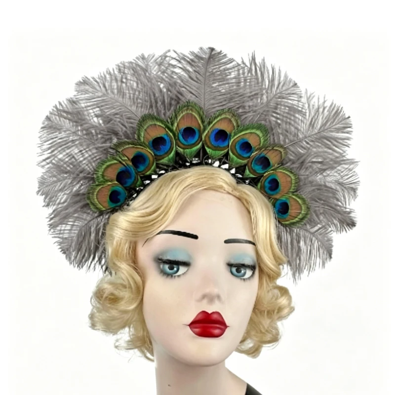 Peacock Eye Feather Headpiece with Ostrich Feathers, Roaring 20s Flapper Headband Gatsby Style Halo Crown Hair Accessory view 6