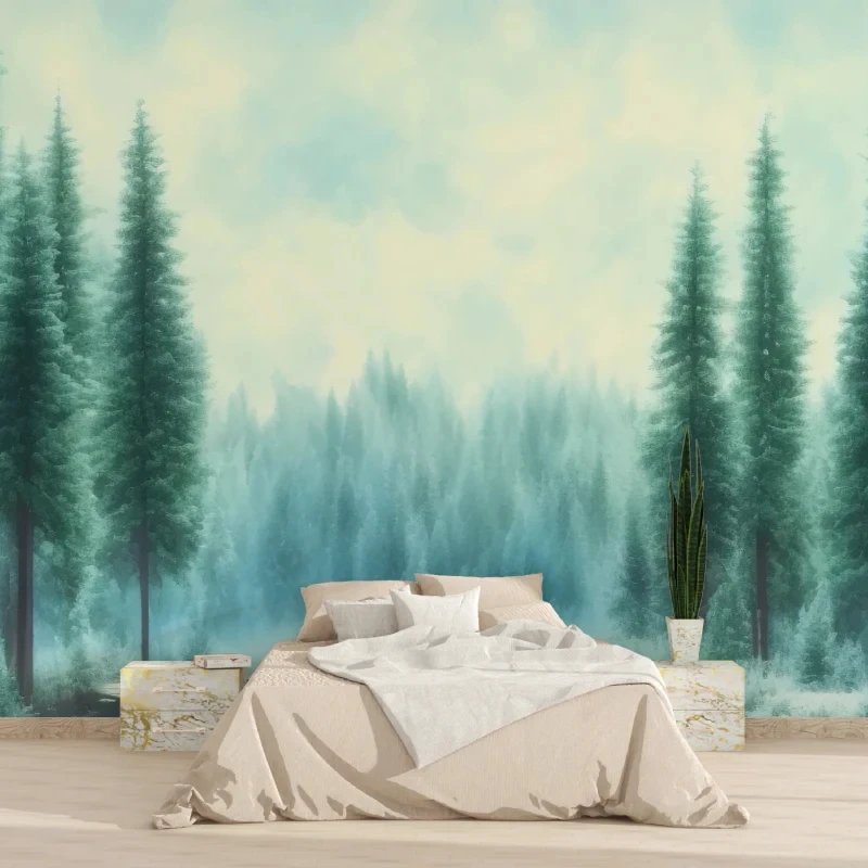 Custom Watercolor Pine Trees mist Green birch tree Wallpapers for Living Room Bedroom TV Background stickers Wallpaper Painting
