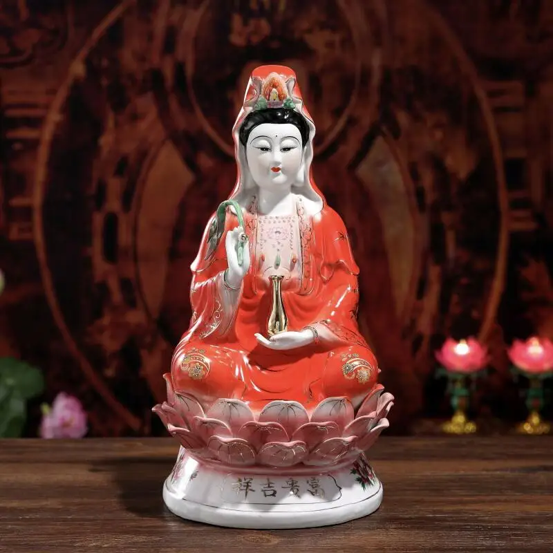 Chinese exquisite ceramic red clad Guanyin Bodhisattva sitting on lotus nanhai Guanyin statue home temple ornament handicraft