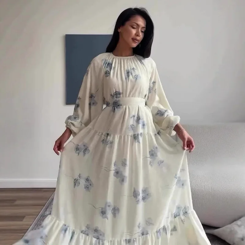 2025New Year's Printed Fairy Intellectual Style Long Sleeve Long Dress Elegant Temperament Dress