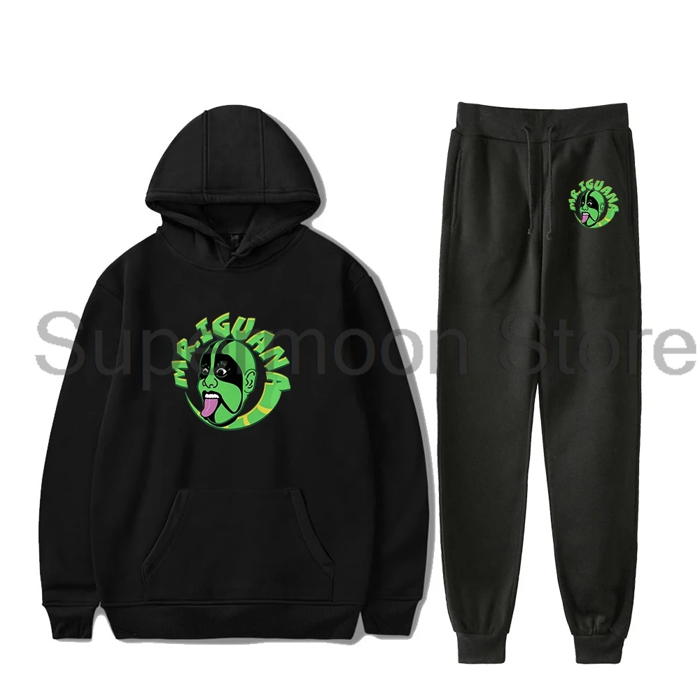 Conjunto de Moletom com Logo Mr Iguana, Calças Jogger, Conjunto de Duas Peças, Sweatshirts+Calças de Moletom para Mulheres e Homens