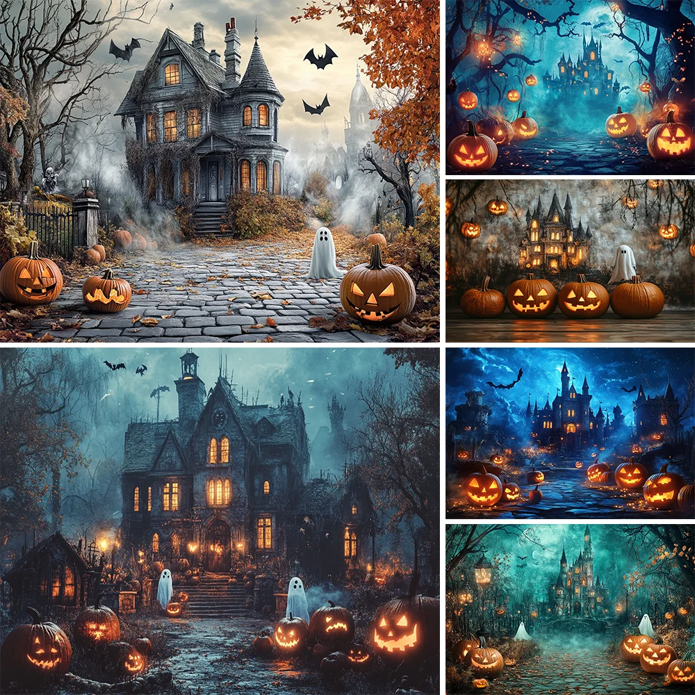 

Halloween Kids Portrait Photography Backdrop Crow Pumpkin Lights Vintage Castle Bat Halloween Party Background Photo Props
