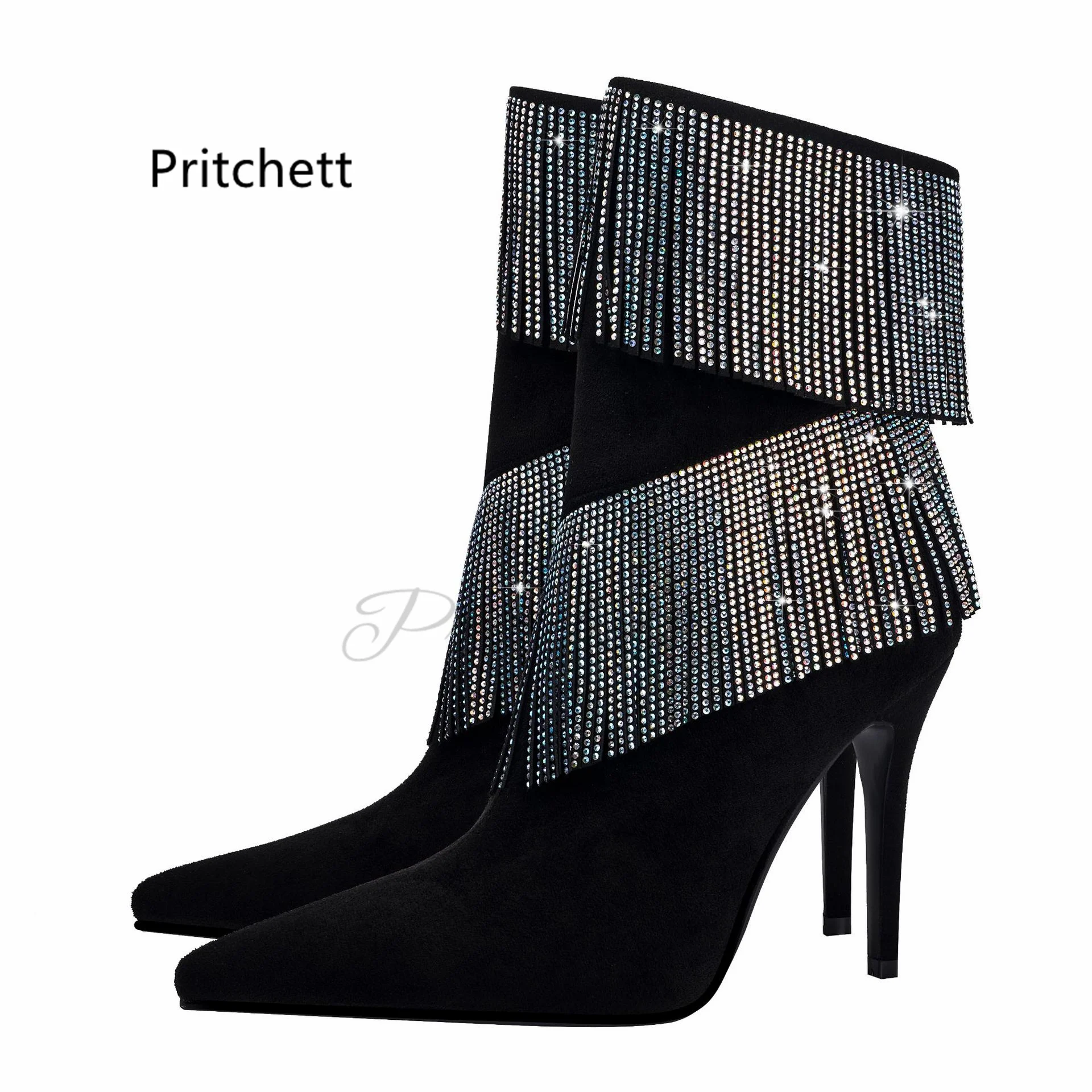 

Crystal Fringed High Heels Suede Boots for Women Blingbling Pointed Toe Side Zipper Stiletto Ankle Boots Zapatos Para Mujere