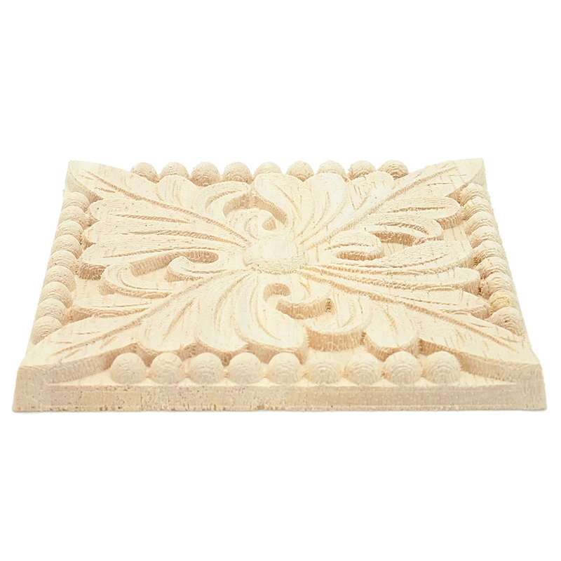 2X Natural Wood Appliques Square Flower Carving Decals Decorative Wooden Mouldings 10X10cm