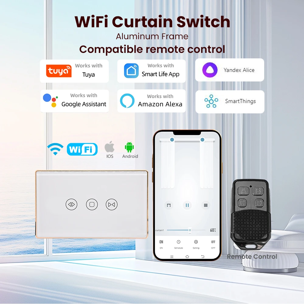 

Wi-Fi переключатель для штор, алюминиевая рама США, 2,5D Arc Edge с дистанционным управлением, таймер, расписание, настенный выключатель света, стекло Tuya