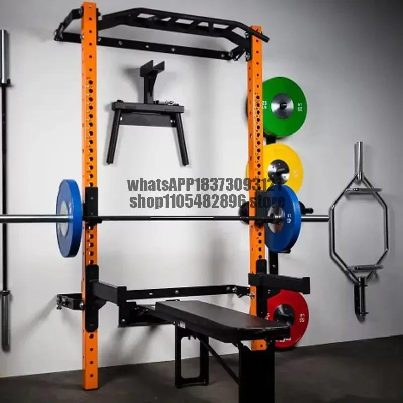 Gym And Home Use Fitness Machine Wall-Folding Back Wall Mount Squat Rack With Multi-Grip Bar