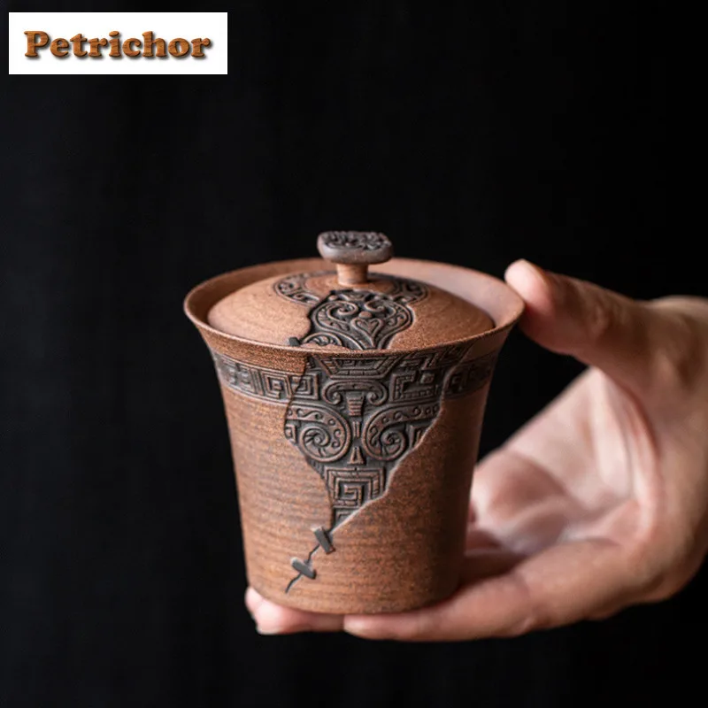 

130 мл Relief Ld Rock Clay Gaiwan Эстетическая чайная варенья Бытовая чайная чаша с крышкой Набор для приготовления чая Крышка Чаша Посуда Ремесленный подарок