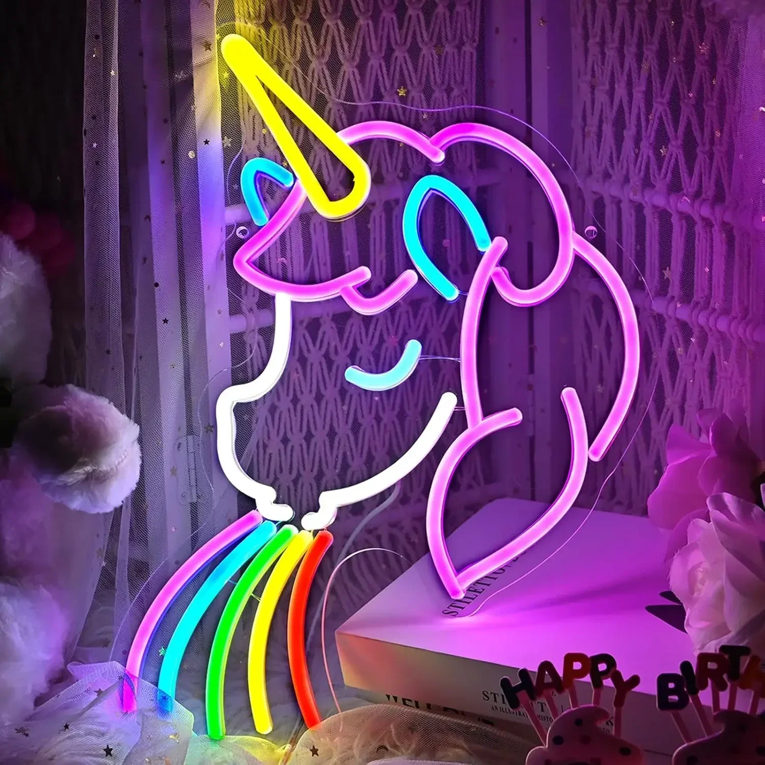 Cute Unicorn Rainbow Neon Sign Cartoon Animal LED Wall Art USB Powered Lamp Kids Room Bedroom Birthday Party Decor Hanging Light