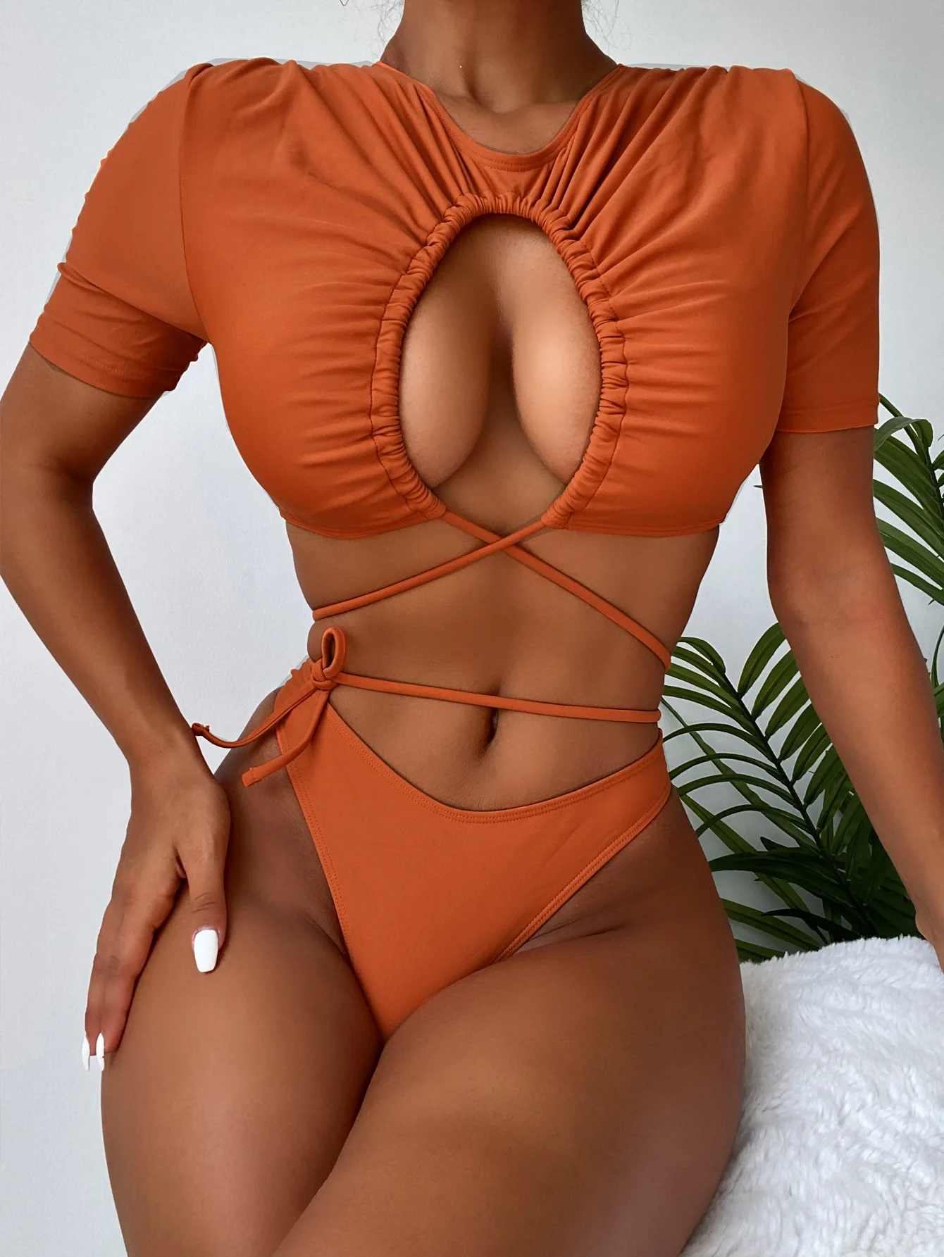 

JyoJyo Sexy Short Sleeve Swimsuit Women Crop Top Hollow Out Bikini 2022 String Swimwear Ladies 2 Piece Bathing Suits Bathers