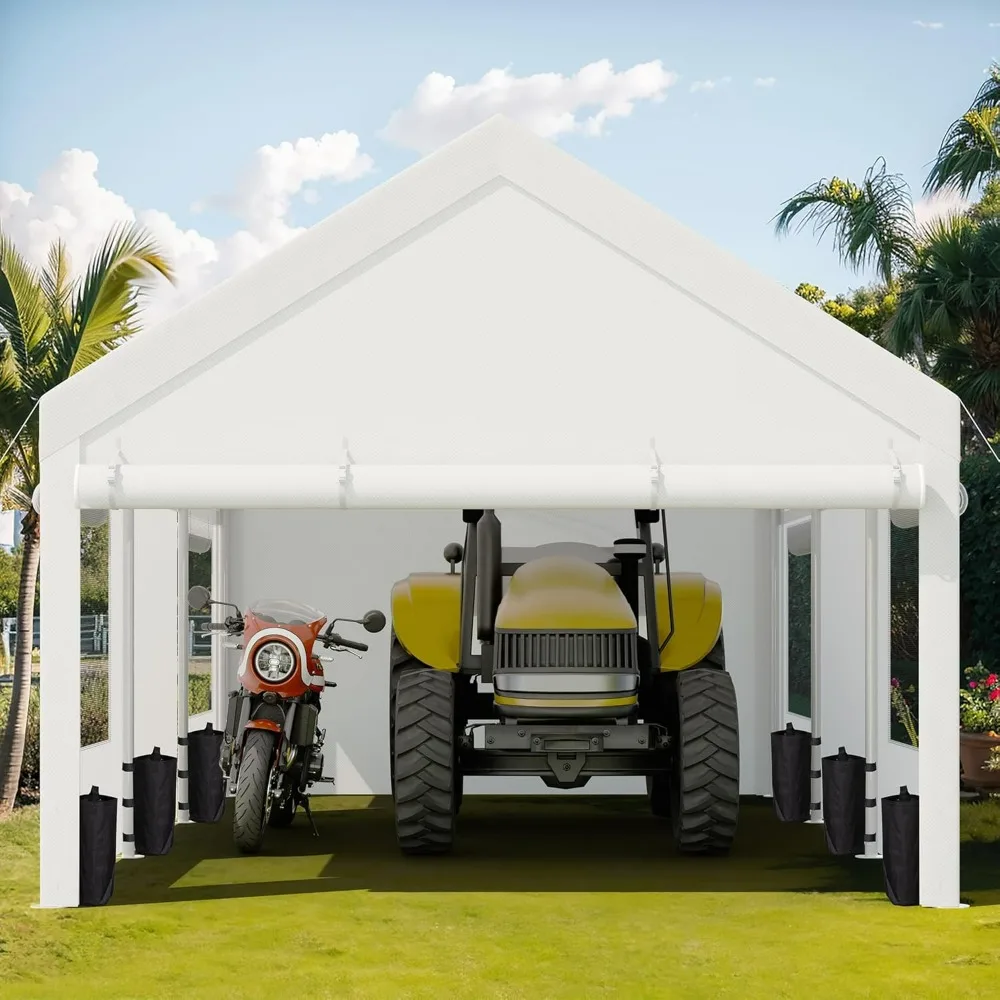 JY QAQA Carport، 12x20 FT أقطاب فولاذية معززة للخدمة الشاقة مع جدران وأبواب جانبية قابلة للإزالة، مظلة سيارة ذات نوافذ قابلة للطي