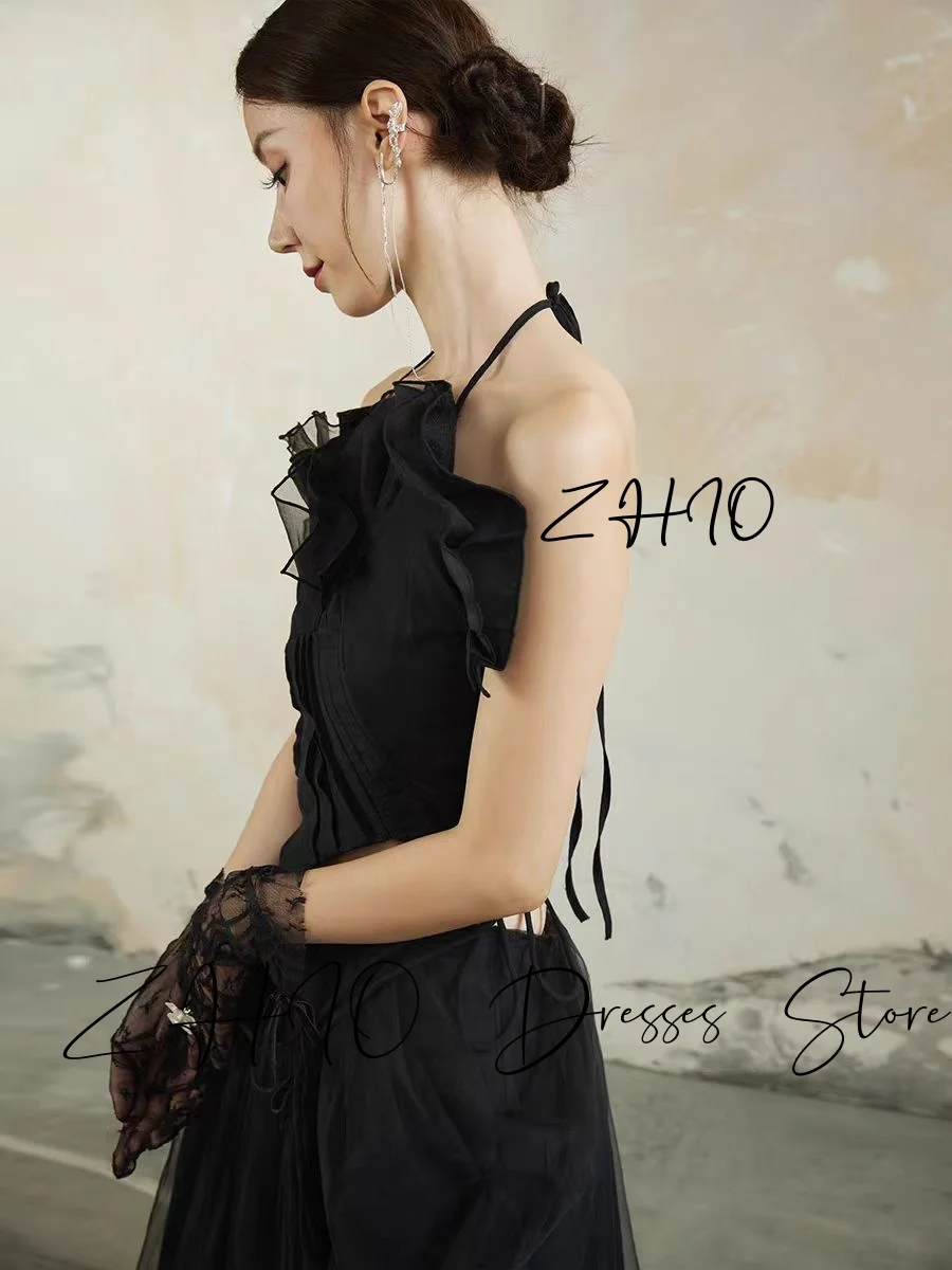 ZHIO moderno negro 2 uds vestido de fiesta de boda Halter plisado hasta el suelo sesión de fotos de Corea vestido de noche de recepción nupcial personalizado