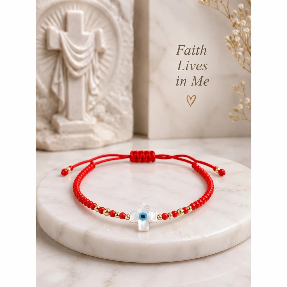 1pc Adjustable Red Glass Bead Strand Bracelet with Cross Blue Eye Detail and Copper Accents for Women 28cm Sliding Knot