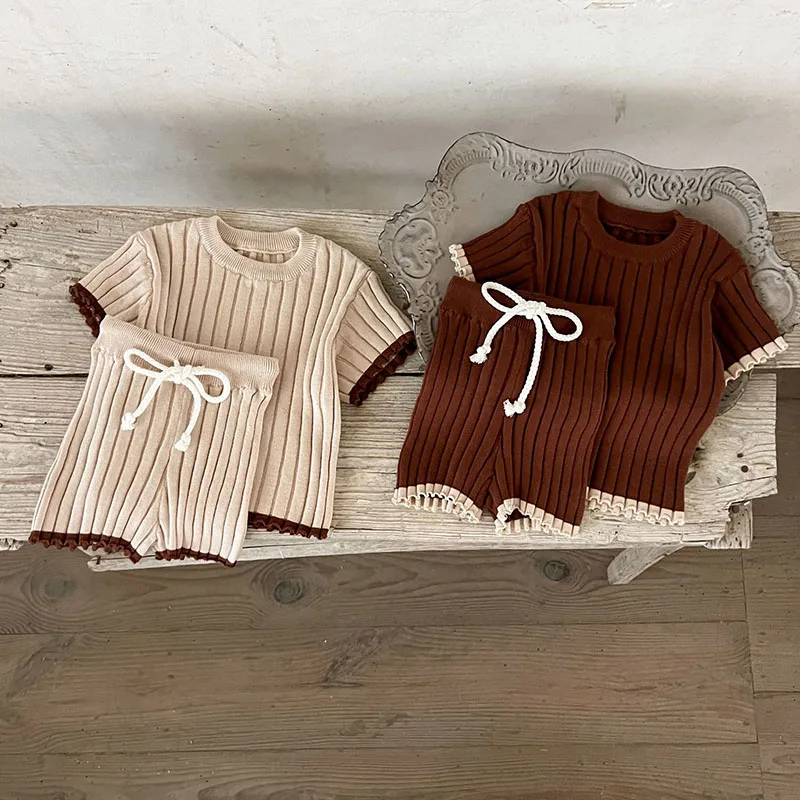 2025 New Spring Newborn Baby Girls Boys Clothing Set Short Sleeved Knitted Pullover Sweater+Shorts Children Clothes Suit