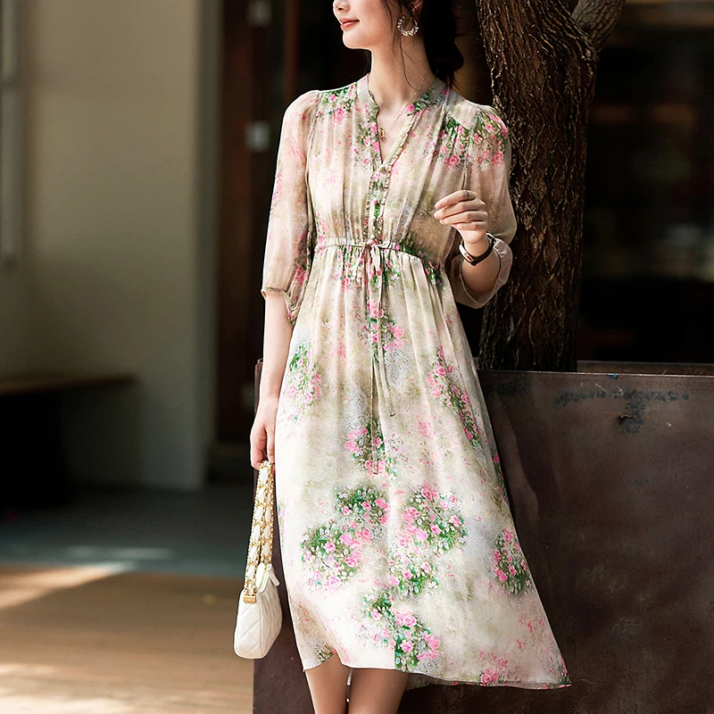 New100% Real Silk Summer Dresses for Women Elegant Fashion V-neck Chic Floral Print Dress Holiday Women's Long Dress A-line