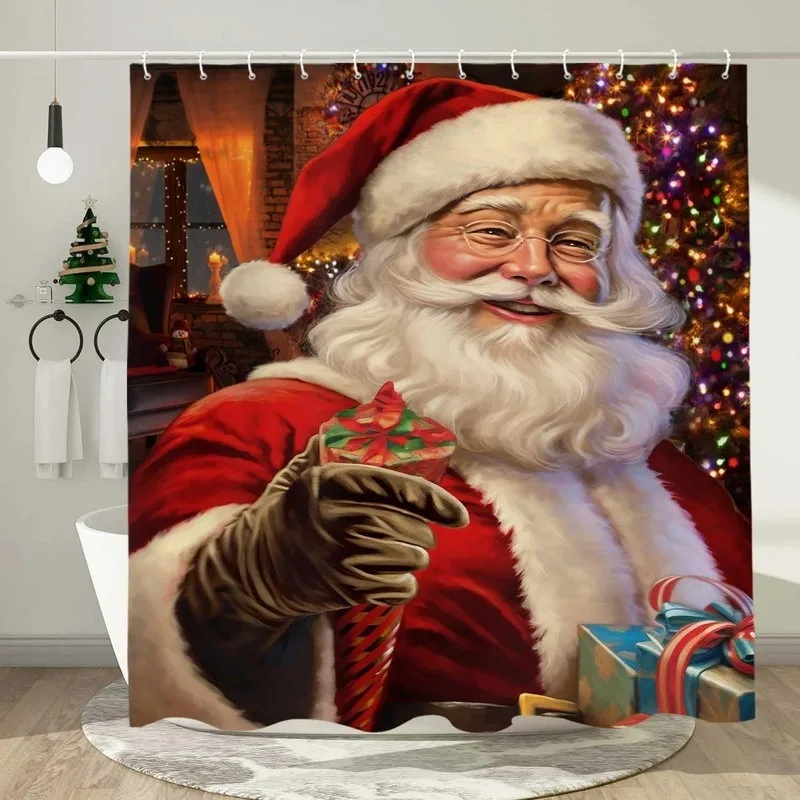 Retro Oil Painting Santa Claus with Glasses Christmas Shower Curtain No Drilling 12 Hooks Waterproof Bathroom Decor