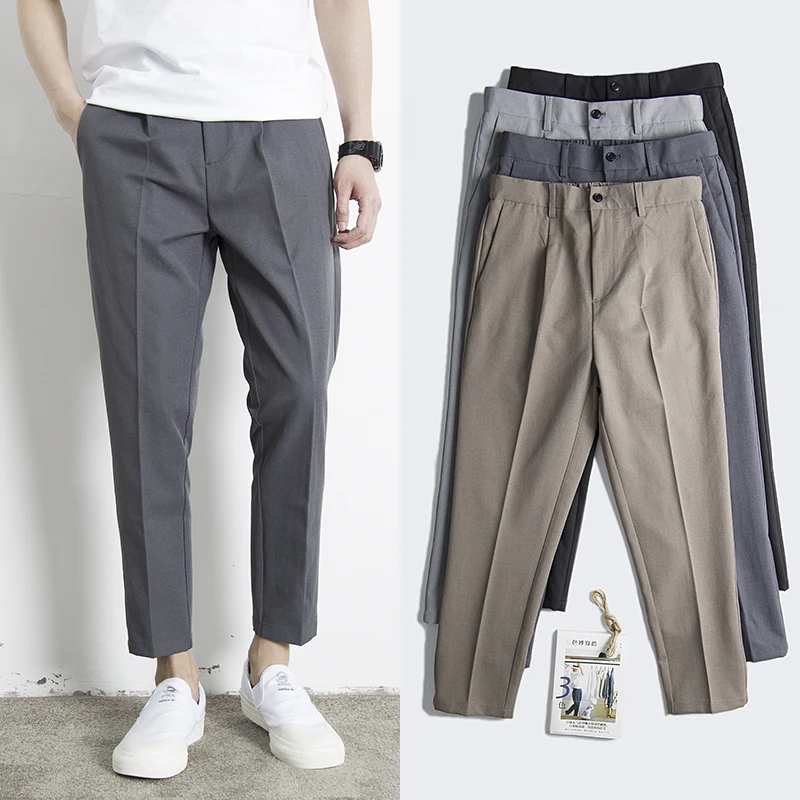 Youth Casual Straight Leg Pants Men's Autumn Nine Points Slim Fit Long Trousers Spring Summer Straight Tube Suit Pants