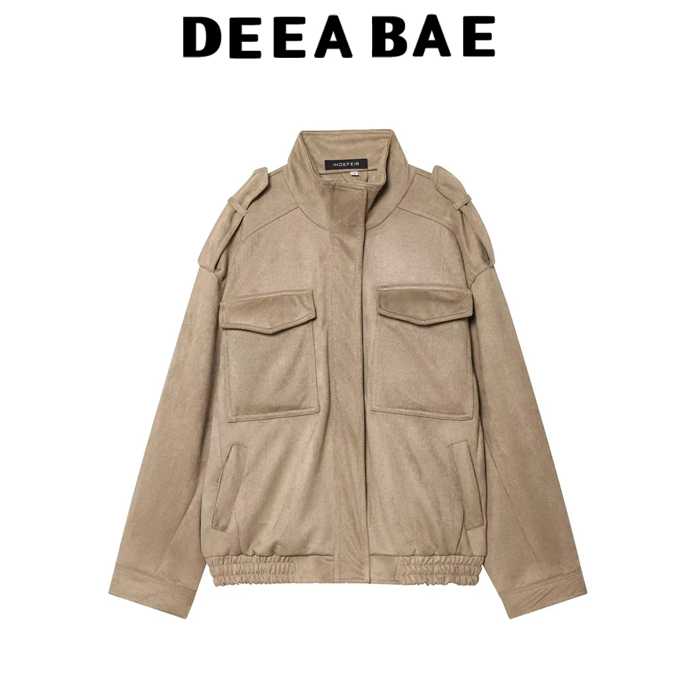

DEEABAE Suede textured leather jacket for women's autumn new product high-end commuting fashion American standing collar jacket