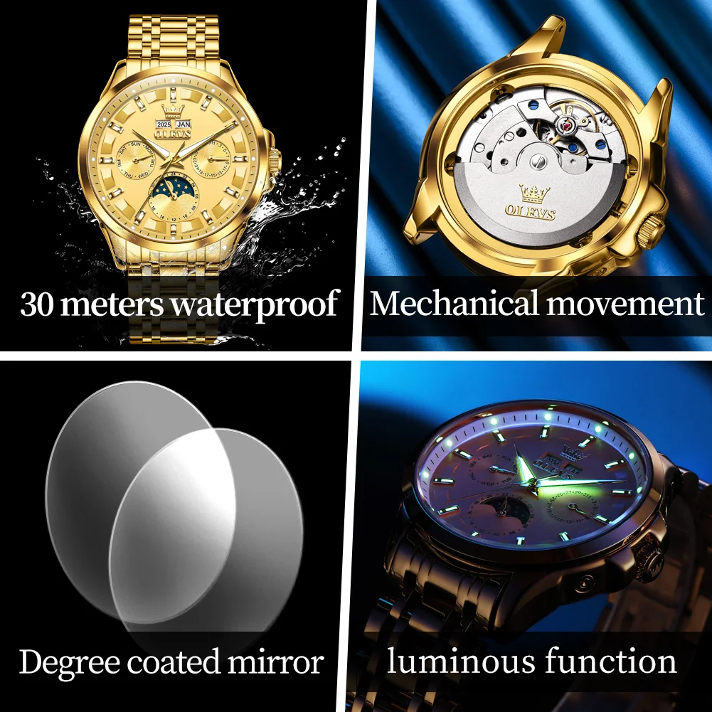 OLEVS Orologi da uomo Luxury Fashion Top Brand Orologio meccanico automatico originale per uomo Calendario completo Impermeabile luminoso