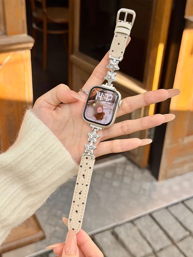 

Роскошный вельветовый кожаный ремешок для iWatch Ultra 11 10 9 8 7 6 5 Se Star Металлический ремешок для Apple Watch 40 мм 41 42 мм 44 45 мм 46 мм 49 мм