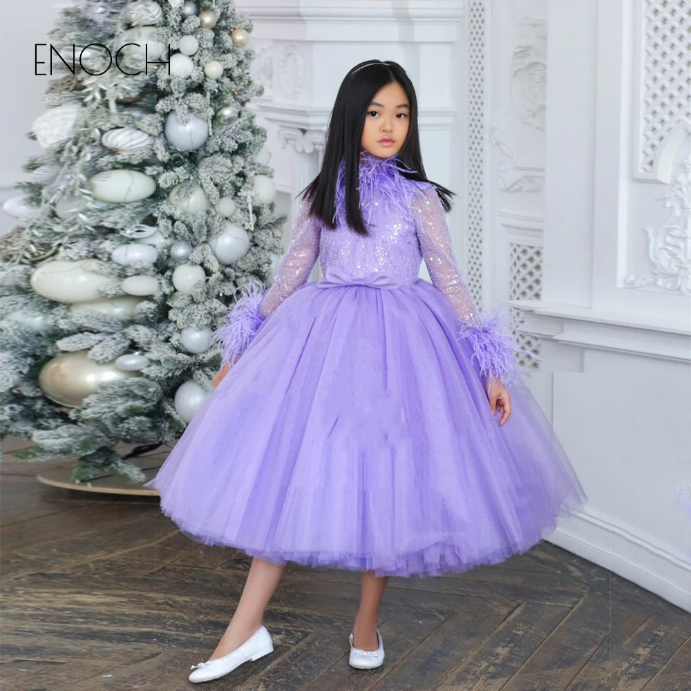 ENOCH Exquisite A Line Flower Girl Dresses New Purple Fulle Sleeve Sequined Tiered Tassel Scoop Organza Formal Gowns Belt Bow