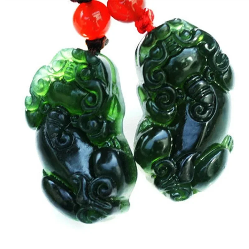 Para czarnego zielonego jadeitu rzeźbione pieniądze Pixiu wisiorek naturalny chiński smoczy naszyjnik urok biżuteria moda Amulet na szczęście prezenty — zdjęcie 7