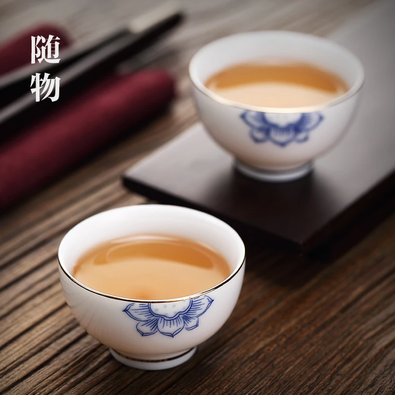 Ceramic Sheep Fat Jade Blue And Flower Small White Porcelain Kung Fu Tea Set Single Cup